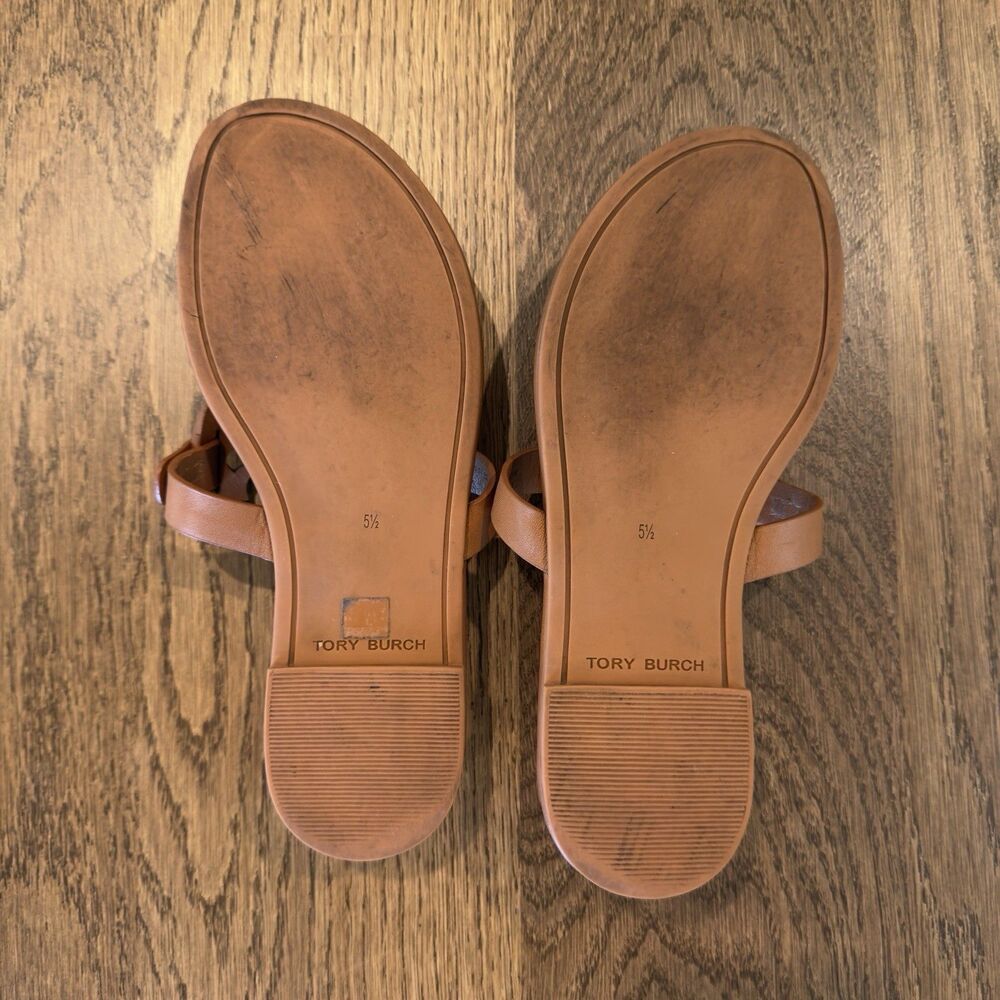 Tory Burch Miller Calf Leather Soft Sandals Women’s Sz 5.5 Bourbon Miele Emblem - Picture 8 of 9